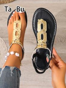 25 Years Fashion Women's Flat Sandals, Green Flat Sandals, Black Flat Sandals, Z-Shaped Design, Soft & Comfortable Leather Material - Gold - View 7