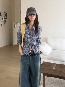 Autumn Cinched Waist Striped Long Sleeve Shirt Tops - Blue - View 1