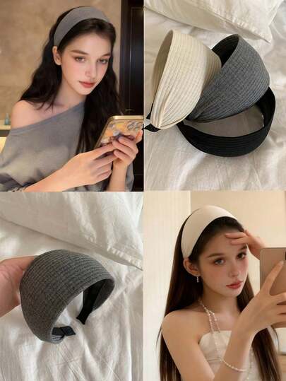 3条/1条 38厘米/14.96英寸周长 针织加宽黑/白/灰发带，时尚百搭高端优雅简约纯色浴室发饰，适合日常休闲、派对、通勤、海滩度假等场合，可扎马尾辫、盘发、洗脸、化妆等，是理想的配饰。发带、发箍、头饰、发箍