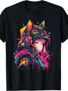 Item Picture Retro Cyberpunk Anime Cat Hoodie Girl Graphic T Shirt Kaw (2) - Black - View 1