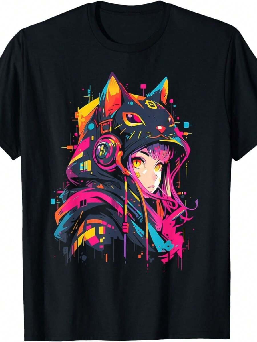 Item Picture Retro Cyberpunk Anime Cat Hoodie Girl Graphic T Shirt Kaw (2) - Black - View 1