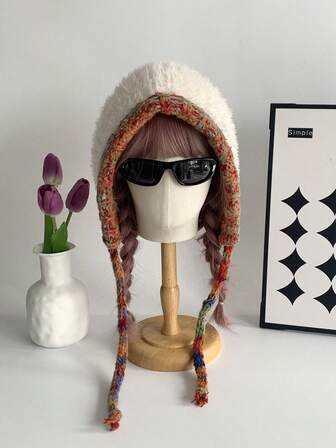 1 st söt flerfärgad stickad mössa med kattöron, enfärgad häxmössa för kvinnor, varm skidmössa med öronlappar, mångsidig handgjord flätad pompom-hatt