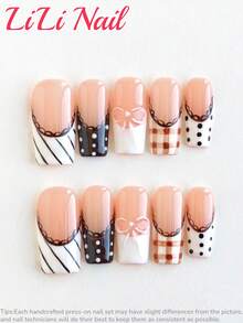 10片手工亚克力美甲贴纸，款式包括长指甲、方形指甲、粉色指甲、白色指甲、甜美温柔款、法式美甲、波点指甲、手绘指甲、蝴蝶结指甲、棋盘格指甲、可爱指甲、秋季美甲贴纸，可重复使用，包含美甲工具，适合日常通勤、派对和办公场合，是理想的礼物之选。 - 彩色 - 查看 2