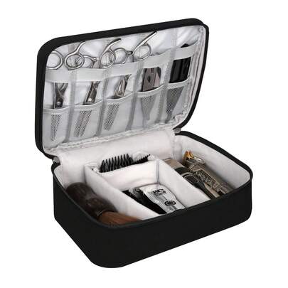 This Haircutting Tool Travel Bag Includes A Hair Tool Storage Box, A Clipper Guard Stand, And A Scissor Storage Pouch. It Is A Portable Haircutting Tool And Accessory Organizer.