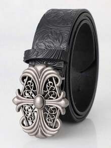 1pc Vintage Style Unisex Belt - Fashionable Black Faux Leather Belt With Retro Hollow Buckle - Punk Rock Y2K Style Belt, Suitable For Jeans, Dresses And Casual Wear - 黑色 - 查看 7