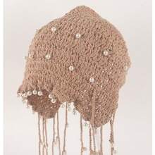 1 PC Women's Elegant Lace Cutout Knit Beanie With Adjustable Drawstrings And Delicate Pearl Accents In Classic Solid Black Or White For Cozy Thermal Warmth And Cold Weather Protection Perfect For Fashionable Daily Wear Party Events Social Gatherings And Christmas Holiday Celebrations - 紅色 - 查看 2