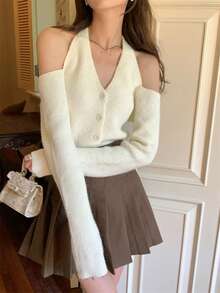 性感露肩挂脖吊带背心，短款针织毛衣上衣 - 白色 - 查看 2