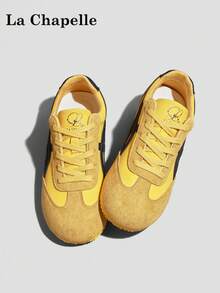 1双 La Chapelle 女士厚底系带软底休闲鞋，低帮户外平底鞋，圆头低跟纯色优雅软底徒步鞋，适合学生拍摄毕业照，女士低帮皮质运动滑板鞋 - 黃黑 - 查看 3