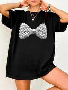 Womens Loose Fit T Shirt Crew Neck Pearl Bow Print Fashion Statement Party Must Have Gift Choice Soft Fabric - Black - View 7