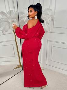 BIUBIU Đầm dự tiệc Giáng sinh & Năm mới cỡ lớn 2026 - Màu trơn, hở vai, tay dài, eo nhún, xẻ tà, dáng maxi ôm sát, thanh lịch mùa xuân - Đỏ - Xem 2