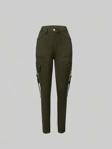Women Front Button Pocket Simplistic Casual Y2K Style Skinny Denim Cargo Pants - Olive Green - View 6