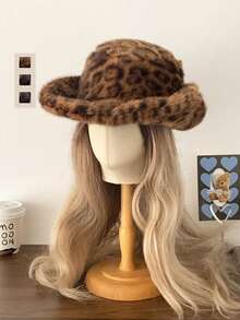 Western Cowgirl Y2K Aesthetic Teddy Fleece Hiking Hat, Women's Autumn/Winter Large Brim Hat, Fashionable Leopard Print Bucket Hat, Warm Vintage Cowboy Style Fluffy Thick Winter Hat - Multicolor - View 4