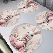 CD [100 Gifts For New Home]4-Piece Set Cute Bunny And Easter Egg Bow Pink Dahlia Pattern Round Placemats, Non-Slip Heat-Resistant Easy To Clean, Polyester Dining Table Mats, Suitable For Easter Dinner Party - 15inch - 彩色 - 查看 2