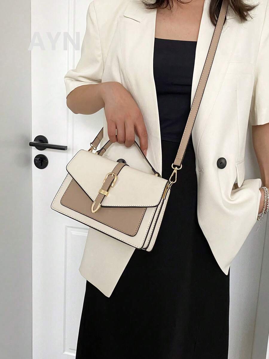 Túi đeo chéo Nữ Khóa Khối Màu Có thể điều chỉnh được Tay cầm Top Giải trí Thanh lịch - Màu Khaki - Xem 1