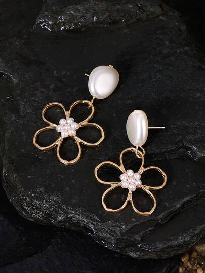 Opalesca 2pcs Faux Pearl Decor Flower Drop Earrings Valentines
