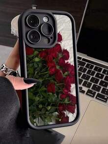 Flower 1pc Black Romantic Rose Pattern Full Coverage TPU Shockproof Phone Case Compatible With Apple 16, 15, 14, 13, 12, 11 Pro Max - Multicolor - View 3