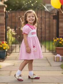 Vestido de primavera y verano para niñas pequeñas, con estampado de cupcakes, bordado, de manga corta y cuello de muñeca, corte en A, fruncido, ideal para uso diario y de ocio, de 12 meses a 5 años. - Rosa - Ver 8