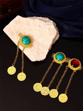 1pc Vintage Palace Style Women's Robe Collar DIY Jewelry Accessory, Flower Shaped Inlaid Artificial Gemstone And Turkish Coin Pendant, Handmade Arabian Women Jewelry Accessory