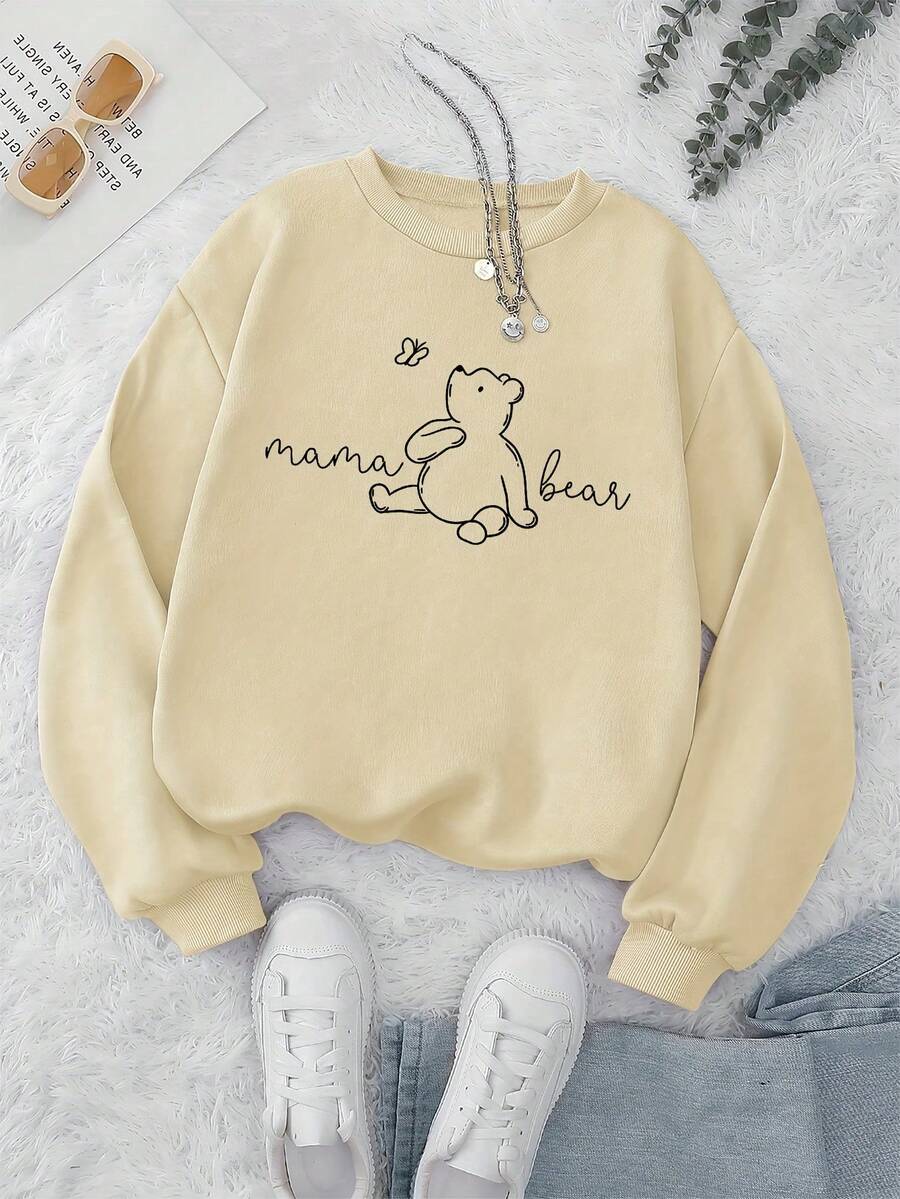 2026 Valentine Outfits For Women Women's White Bear Mom And Bear Hug Print Sweatshirt - Comfortable Crew Neck Long Sleeve Sweater, Soft Casual Pullover, Maternity Friendly For Spring, Autumn, And Winter Wear (No Hem Adjustment) Loose And Comfortable Valentine's Day - 杏色 - 查看 1