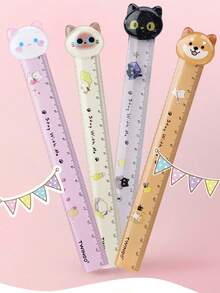 1pc Cute Cat & Dog Cartoon Animal Shaped 15cm Ruler With Fuzzy Ball, Wavy Line Scale, Adorable Stationery - Multicolor - View 12