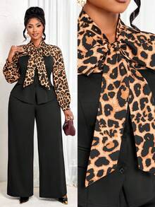 BIUBIU Bộ đồ hai mảnh họa tiết da báo, tay dài thanh lịch cỡ lớn kèm thắt nút và quần dài cho mùa thu/đông dành cho nữ / Trang phục đi chơi / Trang phục năm mới cho nữ / Trang phục Giáng sinh / Trang phục công sở - Xem 2