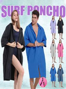 1pc Hooded Surf Poncho, Reversible Zipper Hooded Towel, Extra Large Hooded Wetsuit Changing Robe With 2 Side Pockets And Sleeves, Made Of Super Soft Microfiber Towel Fabric, Suitable For Home, Beach, Pool, Bathroom - Multicolor - View 4