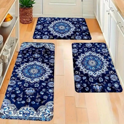 Bohemian Blue Patterned Polyester Kitchen Rug Set , Anti-Slip, Stain Resistant & Machine Washable Non-Slip Mats For Home Decor, Lightweight Knit Floor Carpets For Living Room, Bedroom, Bath,Luxury Velvet Carpet - High-Quality Lightweight Washable Rug, Soft & Fluffy, Non-Slip Short Pile Carpet,Multiple Sizes Available,Non-Slip Bottom[Bathroom Mat] [Bath Mat][Bathroom Mats]Autumn/ Winter/Rome Decor/Home Decor/House Decor