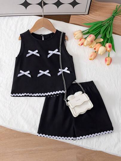 2pcs Girls Casual Knit Colorblock Bow Decor Sleeveless Crew Neck Ruffle Hem Pullover Top And Elastic Waist Fitted Shorts Set, Suitable For Daily, Home, Outdoor Sports, Spring/Summer