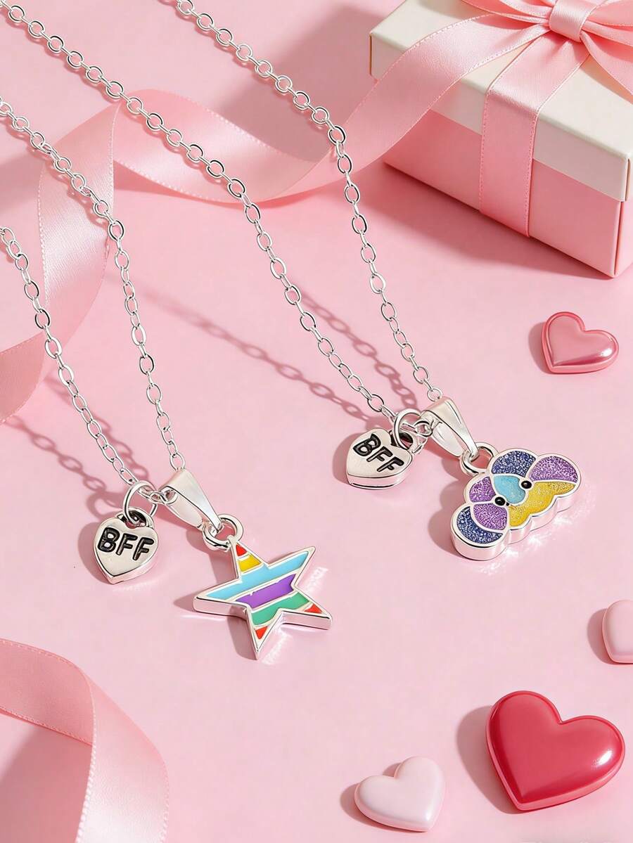 مجموعة من قلادتين للبنات مكونة من نجمة وقطرة زيت بشكل سحابة من سبيكة الزنك، قلادة صداقة، إكسسوار ديكوري، هدية عيد للصديقة المقربة، هدية مجوهرات يومية - مقاس واحد - مشاهدة 1