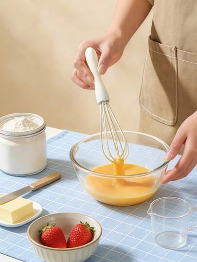 手持式硅胶打蛋器，厨房工具，软柄不锈钢丝，不刮伤厨具，搅拌器，鸡蛋打蛋器，黄油面粉打蛋器，白色