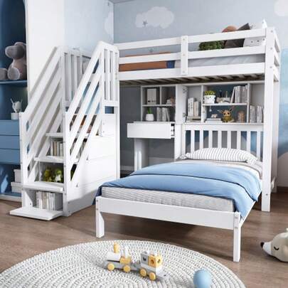 Multifunctional White Wood House Bunk Bed (90*190cm) - Double Bed With Desk, Shelves, Storage Space & Slatted Frame For Kids
