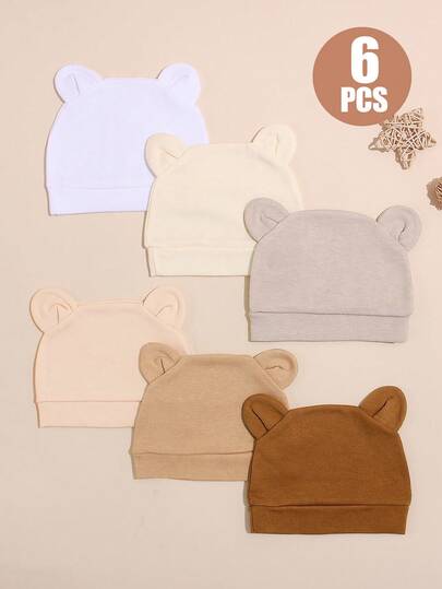 6顶新生儿熊耳毛线帽，柔软多色，四季皆宜（0-6个月），简约实用，适合日常室内外使用