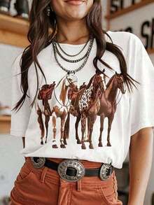 Unisex Casual Women's T-Shirt With Rodeo Horse Print, 100% Cotton - 白色 - 查看 3