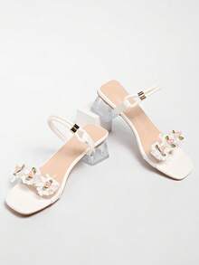 新款夏季两穿式绑带高跟凉鞋，花卉粗跟透明凉鞋 - 米色 - 查看 6