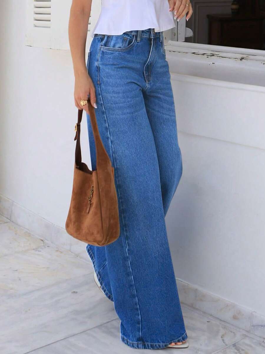 女士宽松休闲直筒牛仔裤，带口袋，简约水洗牛仔布，适合夏季穿着，也是万圣节必备单品 - 中藍色 - 查看 1