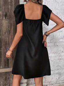 Women's Fashion Black Chiffon Mid-Length Dress, Short Sleeve Square Neck, Knee-Length Flowy Design - Black - View 3
