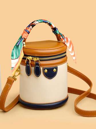 2025 New Fashion Patchwork Cylindrical Bucket Bag, Women's Large Capacity Shoulder Handbag With Scarf Decor, Luxurious