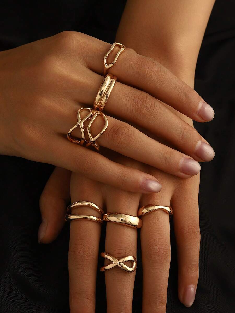 7pcs Gold Metal Thick Ring Set, Minimalist Criss-Cross Rings, Women Layered Simple Ring Jewelry