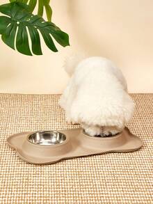 PETSIN 1pc Stainless Steel Double-Bowl Pet Bowl With Splash And Spill Resistant Design, With Base Holder - Beige - View 4