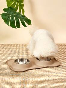 PETSIN 1pc Stainless Steel Double-Bowl Pet Bowl With Splash And Spill Resistant Design, With Base Holder - Beige - View 2