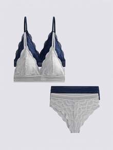 Loungeista 2套女士舒适花朵蕾丝无钢圈文胸内衣套装