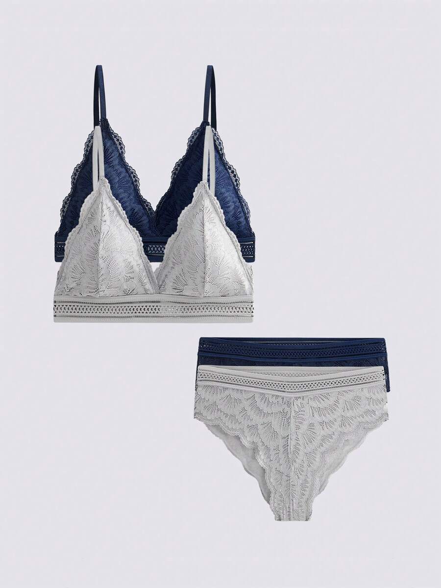 Loungeista 2套女士舒适花朵蕾丝无钢圈文胸内衣套装
