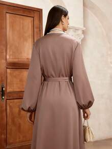 Women's Solid Color Elegant Satin Puff Sleeve Abaya Robe Cardigan + Belt, No Headscarf No Inner Wear, Quick Ship - Camel - View 6