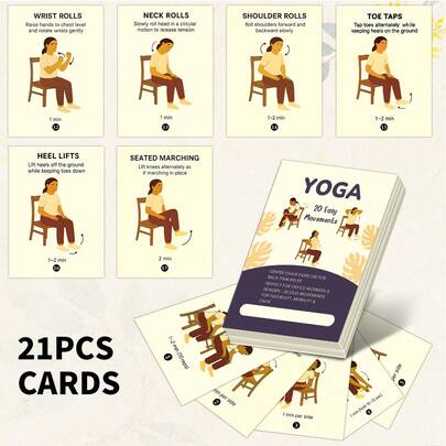 21pcs Gentle Chair Yoga Stretching Guide Cards, Illustrated Chair Yoga Pose Cards, 20 Easy Movements For Flexibility, Mobility & Calm, Suitable For Beginners, Office Workers & Seniors