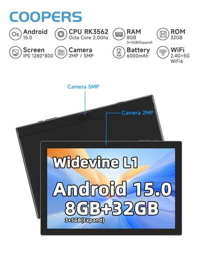 Coopers טאבלט אנדרואיד 15 בגודל 10.1 אינץ', מעבד RK3562 2.0GHz מרובע ליבות, זיכרון RAM בנפח 8GB (3GB + 5GB ניתן להרחבה) + 32GB ROM / אחסון בנפח 1TB ניתן להרחבה, 2.5G + 5G + WiFi 6, מצלמה 2MP + 5MP, סוללה 6000mAh, תומך במשחקים, מחשב נייד אנדרואיד בגודל 10 אינץ' / Widevine L1 (מתאם לא כלול)