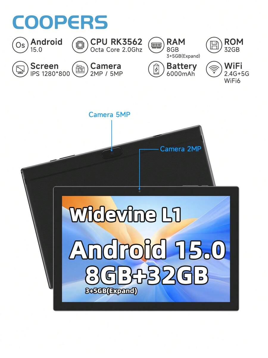 Coopers Máy tính bảng Android 15 10.1 inch, bộ xử lý lõi tứ RK3562 2.0GHz, RAM 8GB (có thể mở rộng 3GB+5GB) + ROM 32GB/Bộ nhớ trong 1TB, 2.5G+5G+WiFi 6, camera 2MP+5MP, pin 6000mAh, hỗ trợ chơi game, máy tính xách tay Android 10 inch/Widevine L1 (không kèm bộ chuyển đổi)