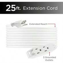 UltraPro, negro, cable de extensión de 15 pies, regleta de enchufes de 3 salidas, calibre 16, SJTW, servicio pesado, para uso en el hogar, garaje o taller, 50786 - 1 Unidad-7.5 m-Blanco - Ver 2