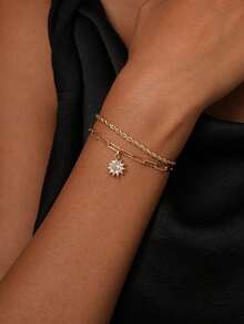 Nooxian 2pcs/Set Women Bracelets Set, Bohemian Summer Beach Style, Includes Golden Electroplated Multi-Layer Basic Chain, Braided Chain, Paper Clip Chain, Copper Inlaid Zirconia Sunflower Stackable Bracelets, Jewelry Gift - Yellow Gold - View 4