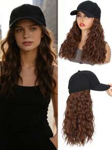 12英寸波浪卷曲金棕色合成假发帽，可调节棒球帽式假发，女士款，棕色和金色调混合，适合日常佩戴 - 彩色 - 查看 16