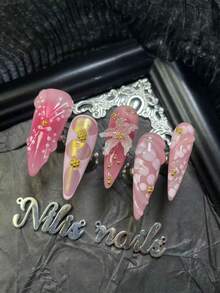 10件套尖头亚克力美甲贴纸套装，粉色美甲贴片，粉色扎染，手绘白色波点几何图案，3D花朵和珠子美甲装饰，Y2K风格可佩戴美甲套装，适合女性或女孩，适用于情人节、日常、聚会、派对和舞会（包含：1片果冻胶和1片摩擦条）美甲用品 - 粉色 - 查看 4